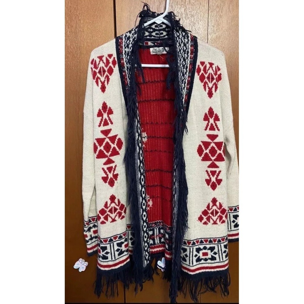Western Women's Cardigan Sweater small Beige Red Blue Fringe Long Sleeve